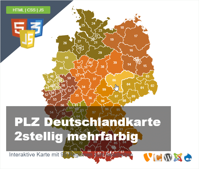 kostenlose PLZ Deutschlandkarte 2 stellig mehrfarbig Landkarte | JsonBix