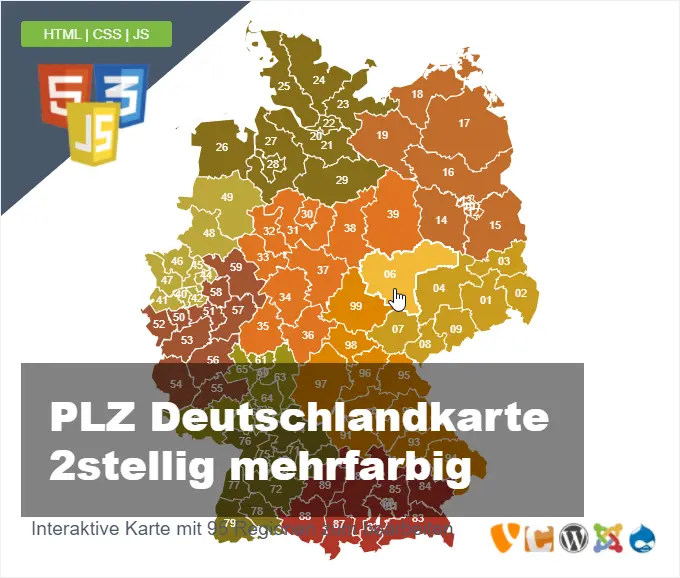 Deutschlandkarte Postleitzahlen PLZ 2stellig mehrfarbig
